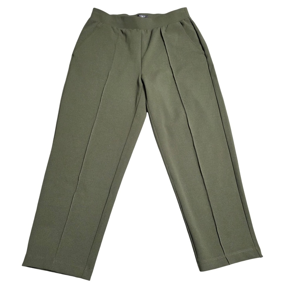 LOFT Petites Straight Leg Pull On Pants Women's Size MP Olive Green Pintuck